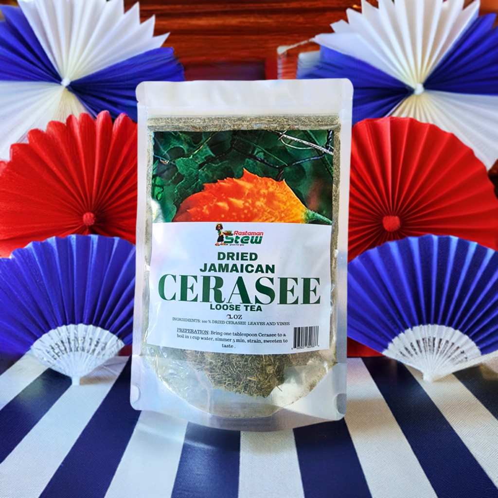 Dried Jamaican Cerasee Loose Tea Bitter Melon 2oz Rastaman Stew package on a striped surface with colorful fans in the background.