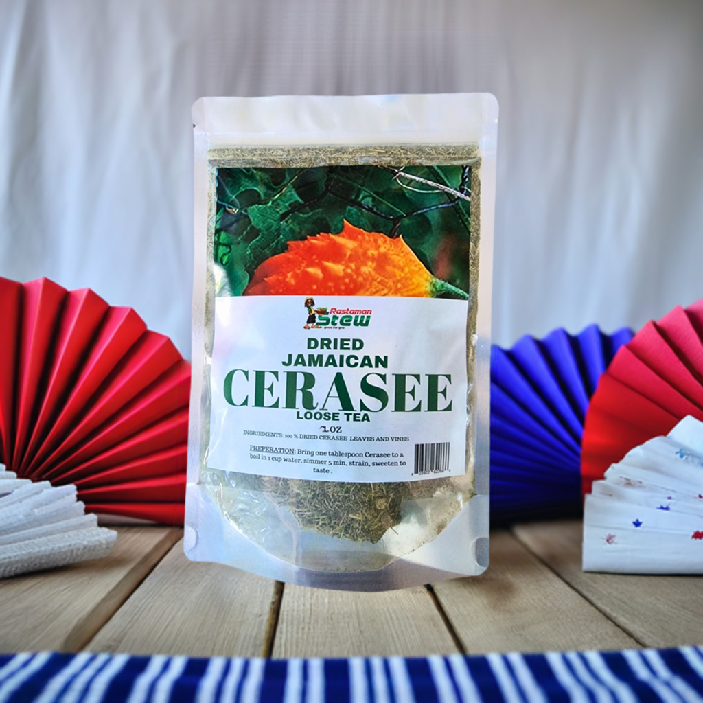 Dried Jamaican Cerasee Loose Tea Bitter Melon 2oz Rastaman Stew packaging.