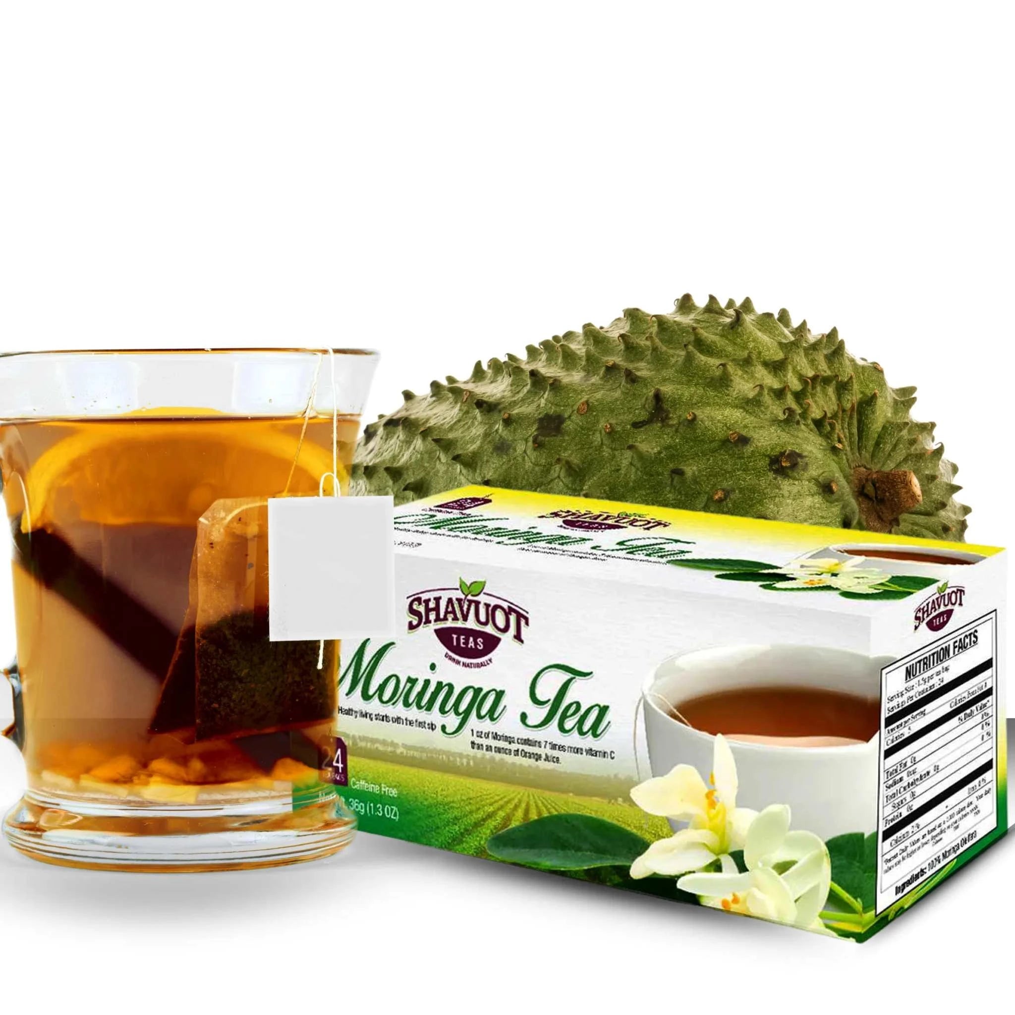 Shavuot Soursop Moringa Tea 24 Teabags with cup and soursop fruit.
