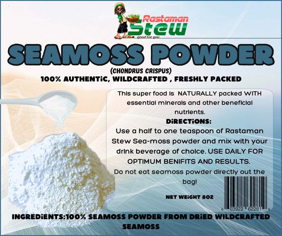 Jamaican Sea Moss Powder 8oz packaging with usage directions and nutritional benefits.