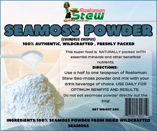 Jamaican Sea Moss Powder 8oz packaging with usage directions and nutritional benefits.