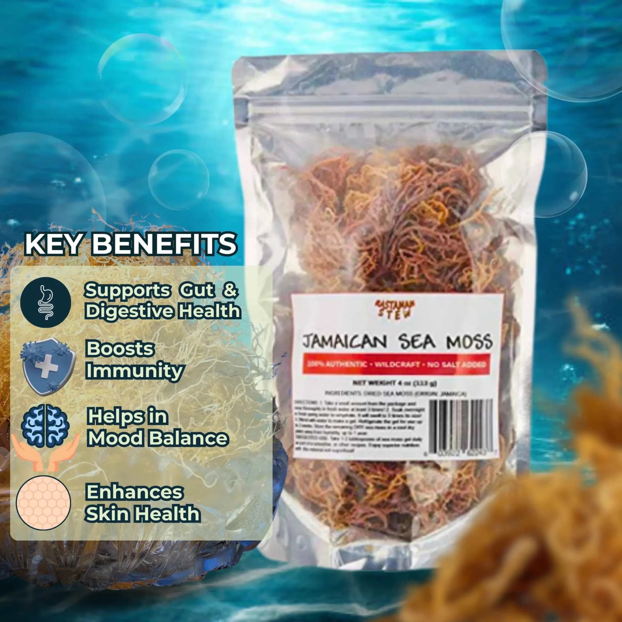 Raw organic wildcrafted Jamaican sea moss, 4oz pack, sealed bag, boosts immunity, gut health, skin enhancement.
