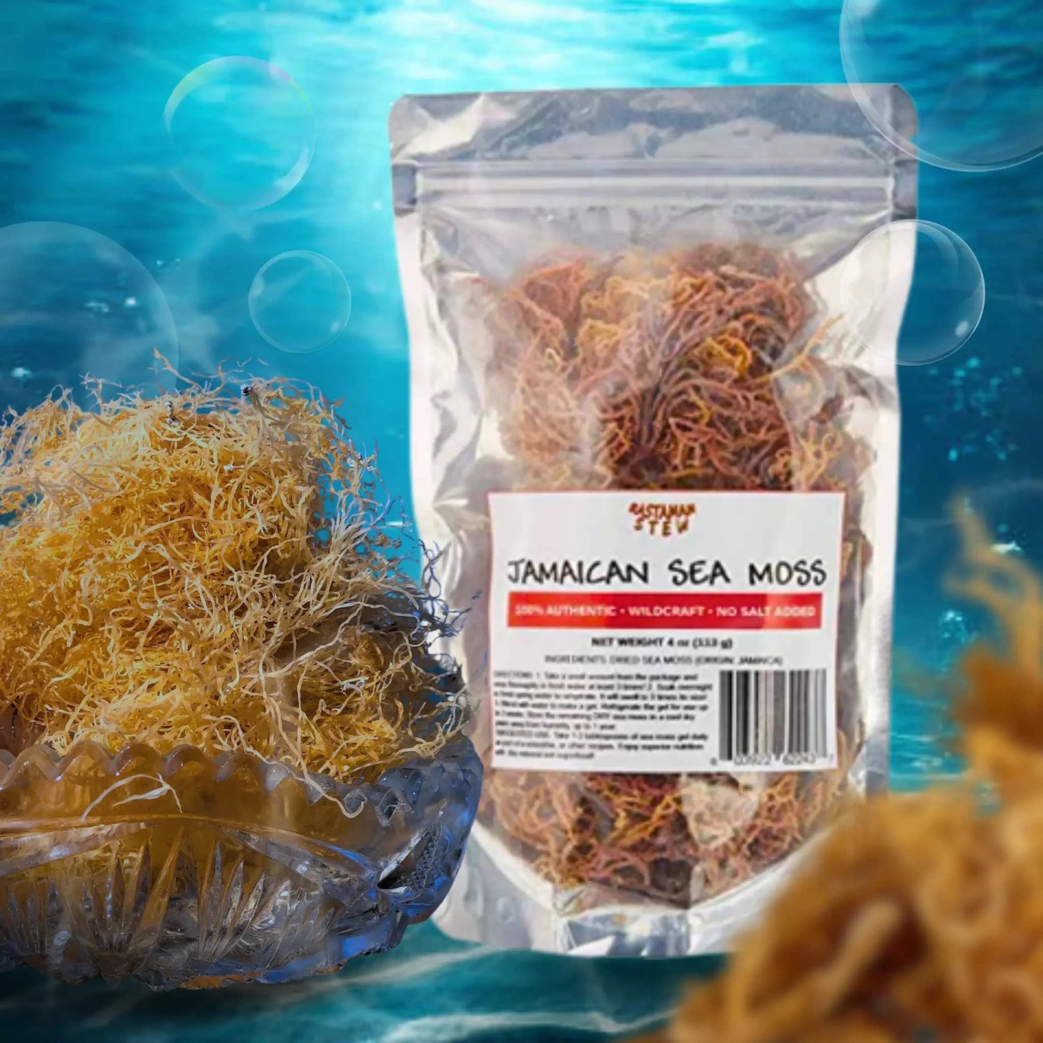Raw organic Jamaican sea moss in sealed 4oz package with loose dried sea moss in bowl.