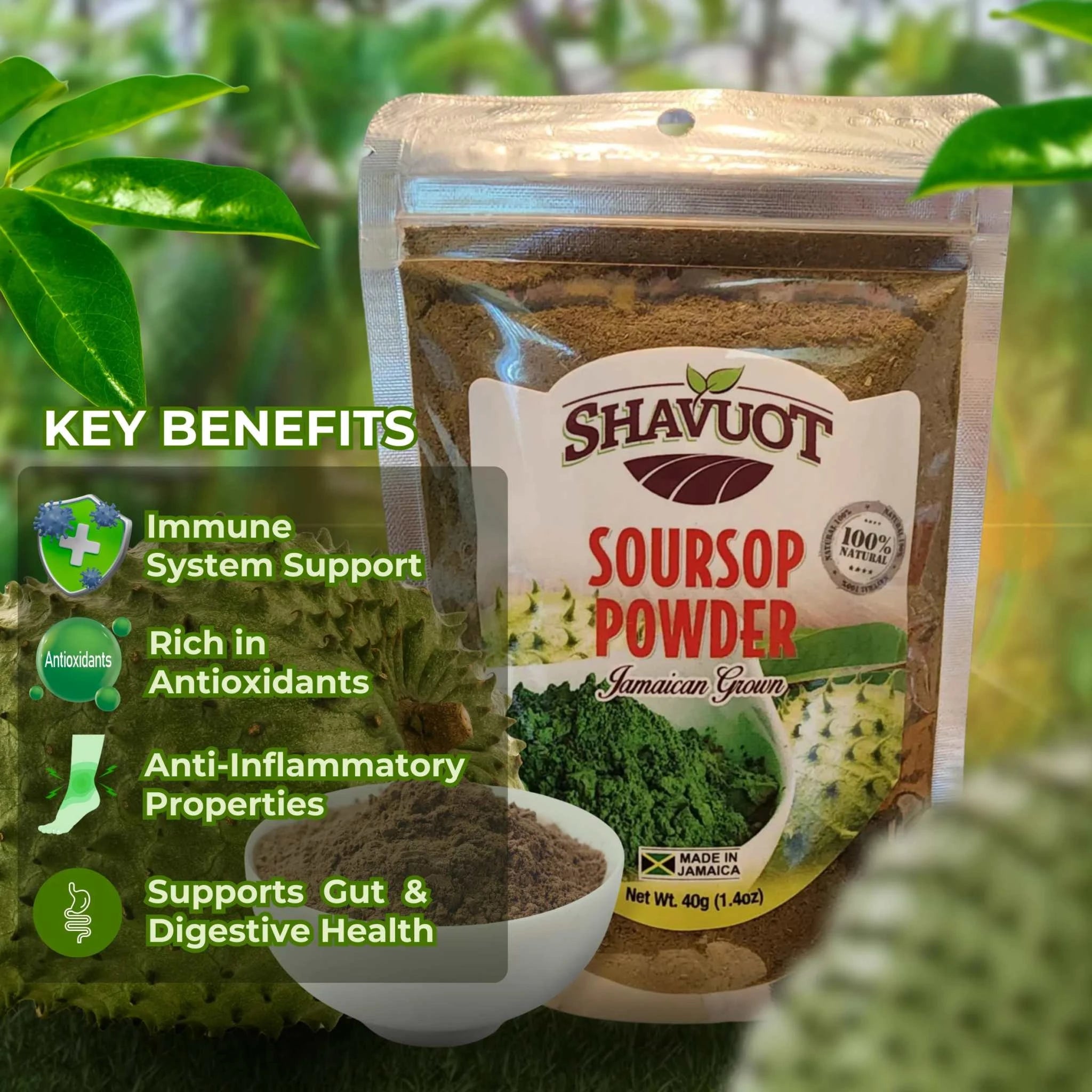 Shavuot Soursop powder packaging with benefits listed: immune support, antioxidants, anti-inflammatory properties, supports digestive health.