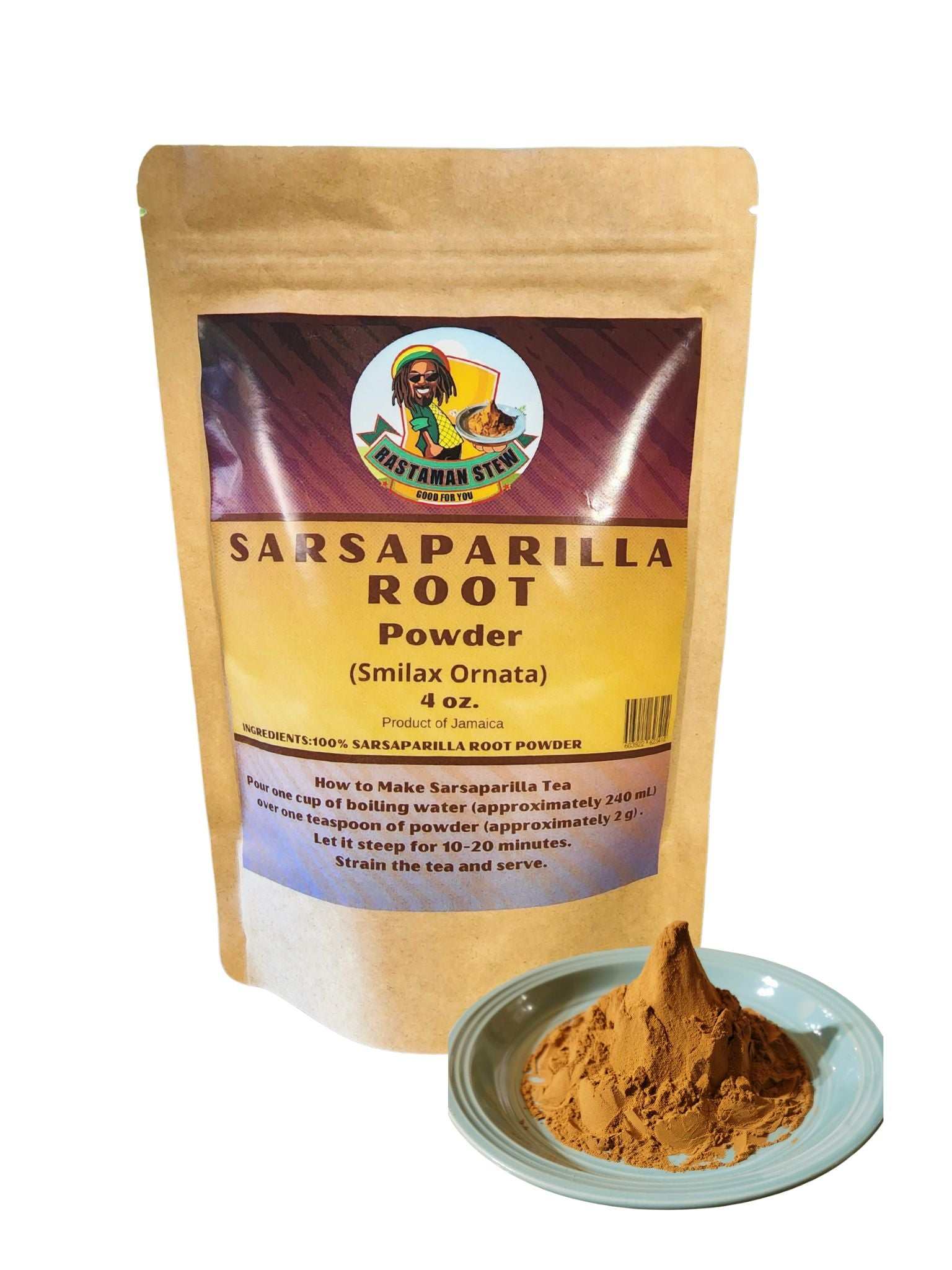 Sarsaparilla Powder Root Tea packaging with sarsaparilla powder in a dish.