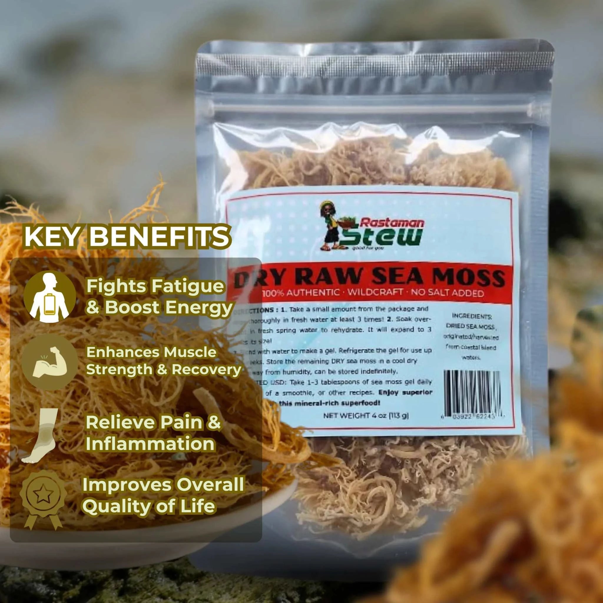 RastaMan Stew Sea Moss 4 oz package, rich nutrition superfood, raw wildcrafted Jamaican sea moss, sun-dried.