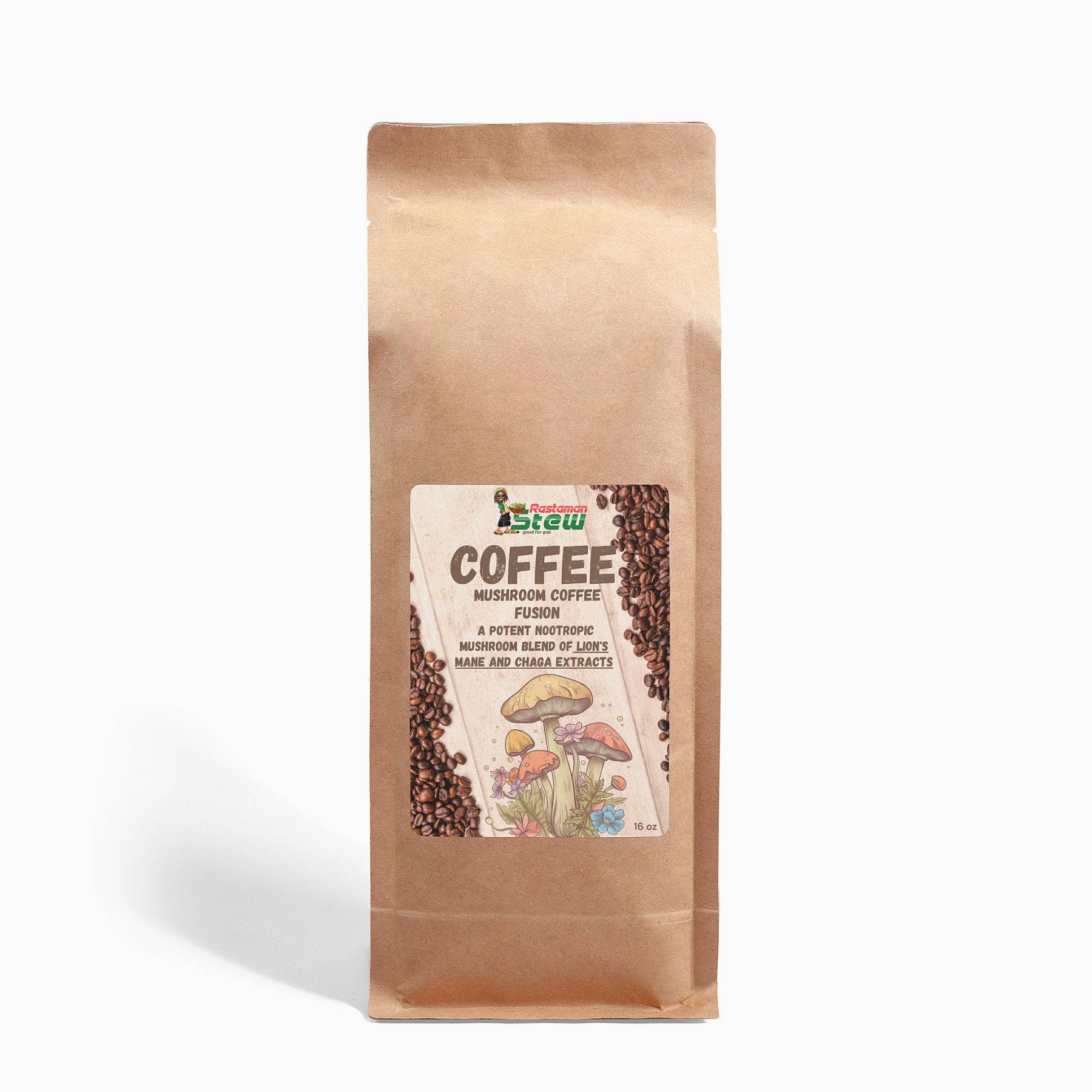 Mushroom Coffee Fusion packaging with Lion’s Mane & Chaga, 16oz by Rastaman Stew.