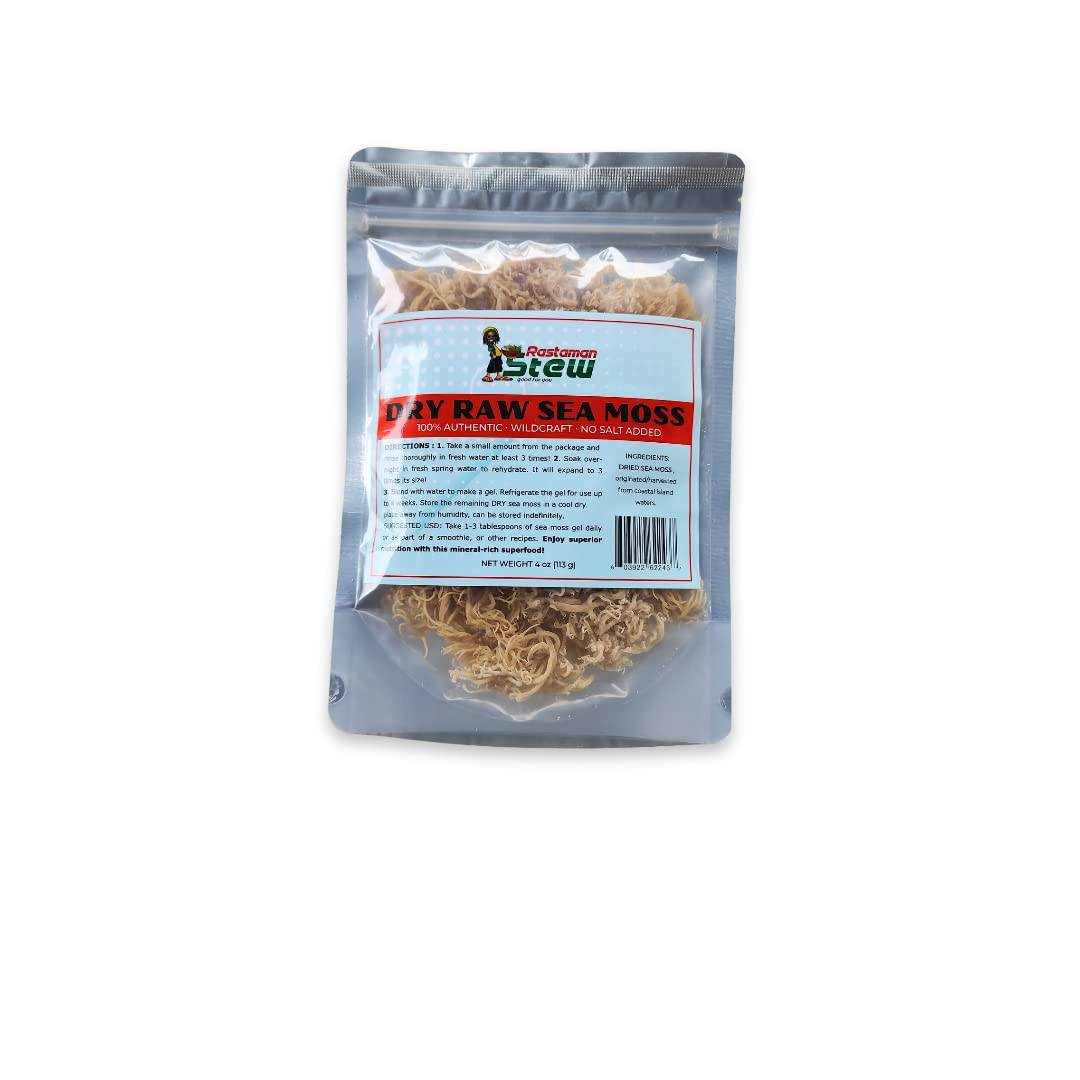 RastaMan Stew Sea Moss 113g in resealable packaging, raw wildcrafted superfood.