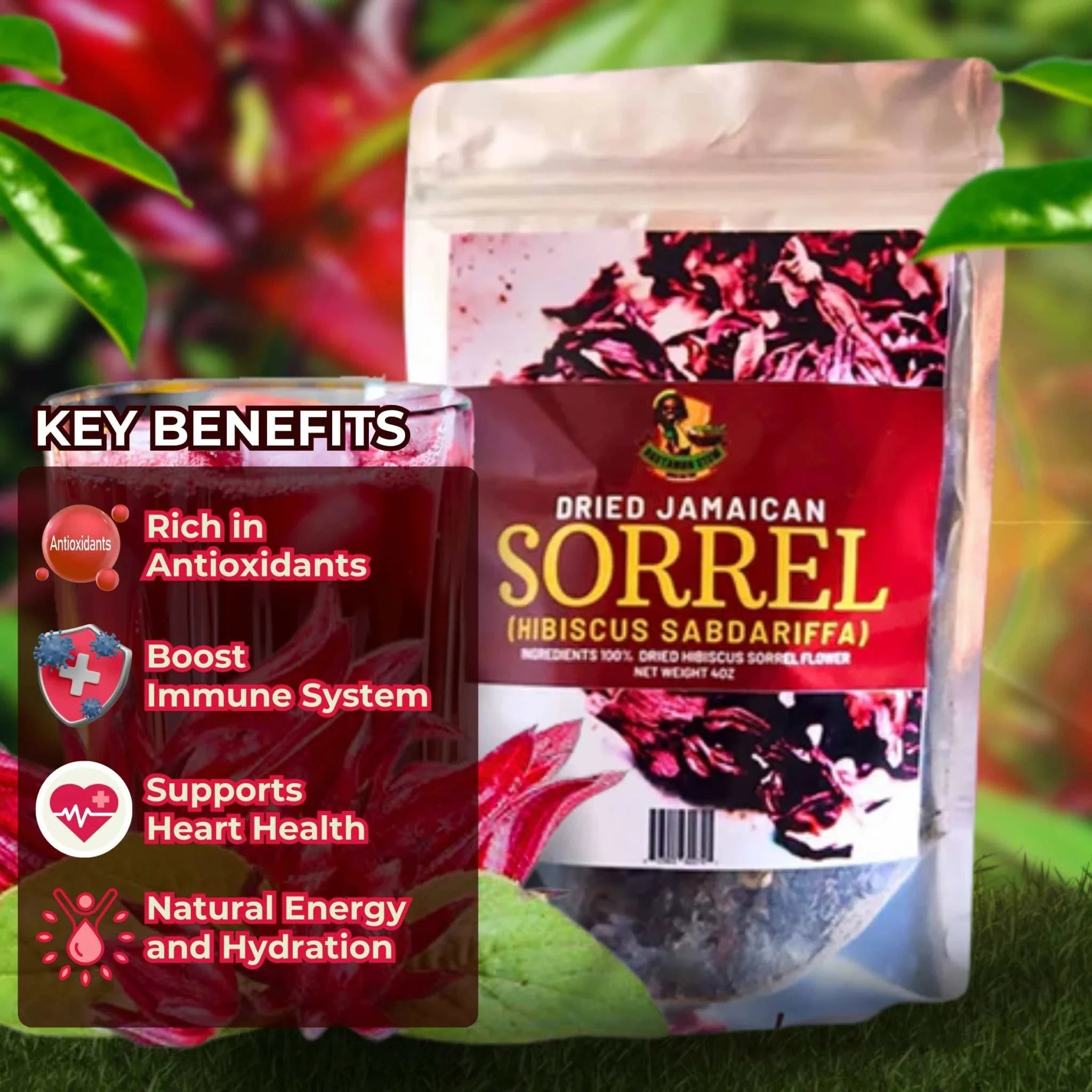 Dried Jamaican Sorrel Hibiscus packaging with health benefits highlighted: rich in antioxidants, boosts immune system, supports heart health, provides natural energy and hydration.