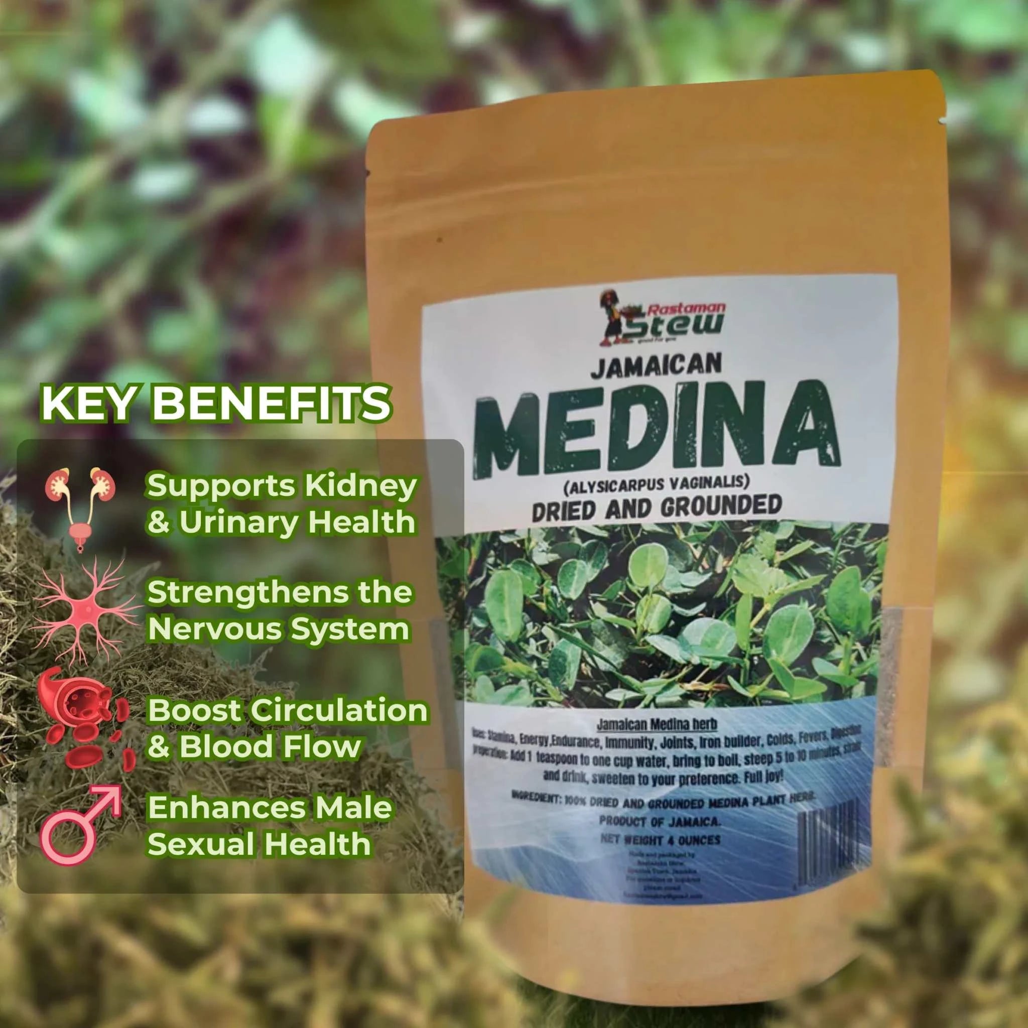 Rastaman Stew Jamaican Medina herbal tea package, 4oz, highlighting key benefits for kidney health and energy.