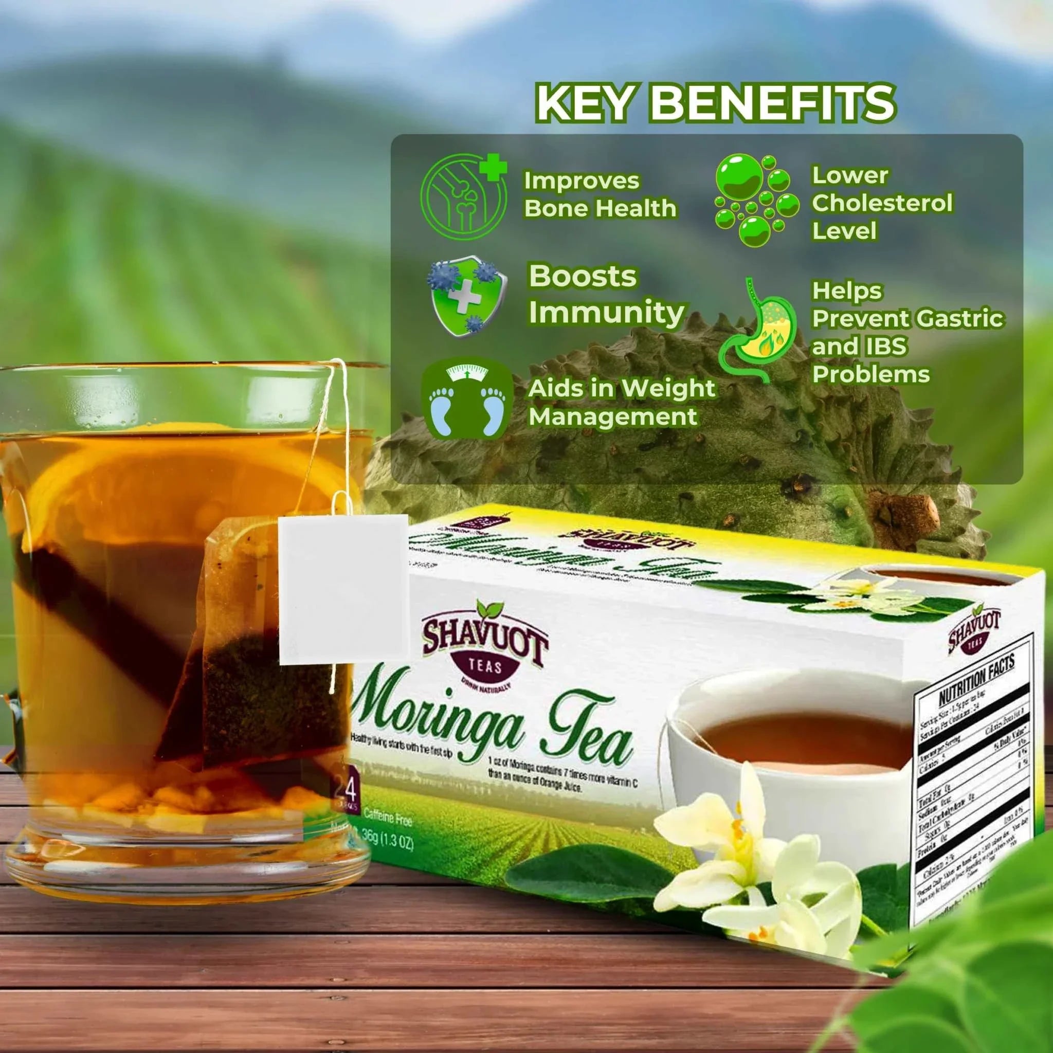Shavuot Soursop Moringa Tea box with teabags, showcasing benefits like bone health, immunity boost, and weight management.