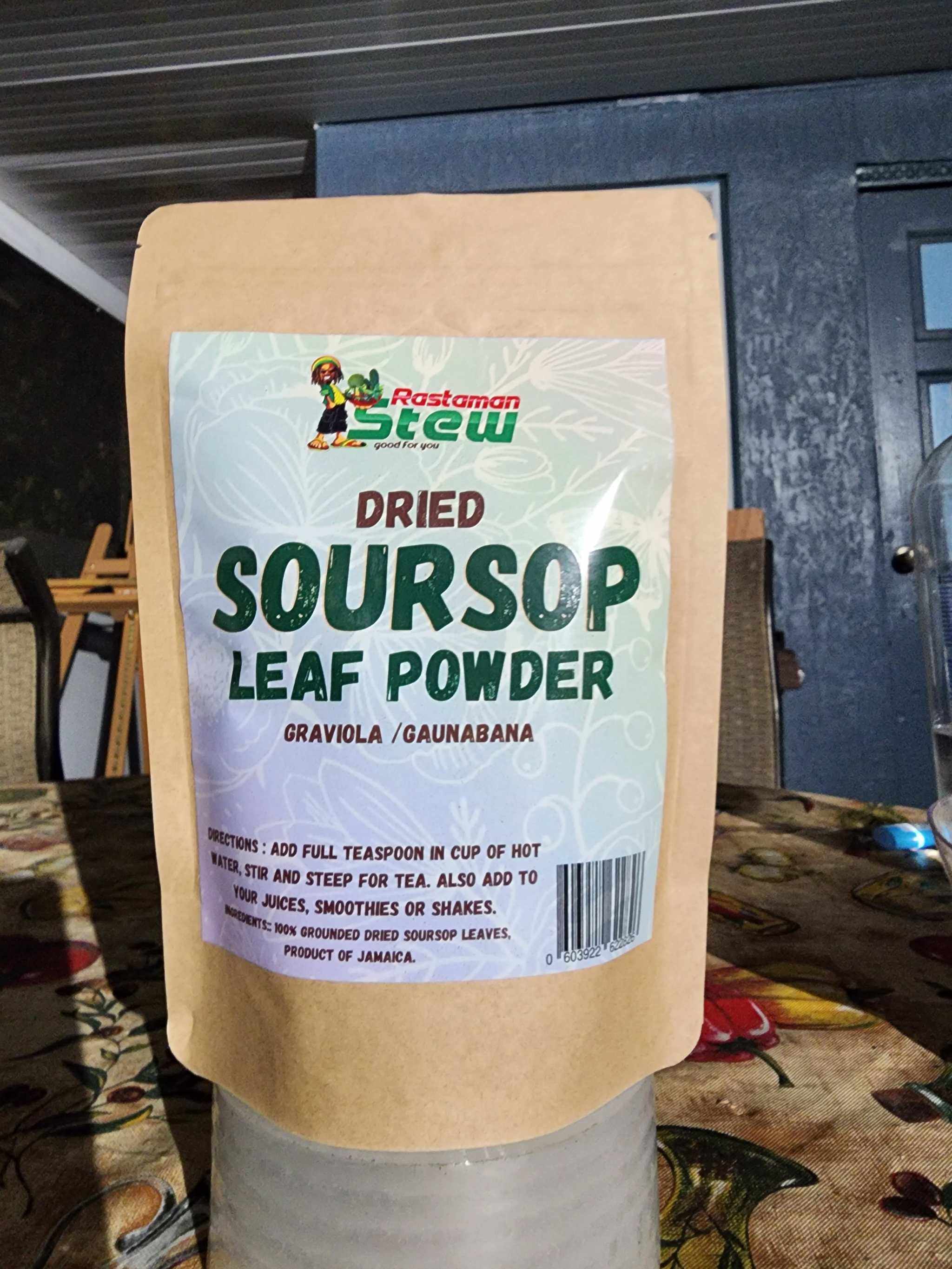 RastaMan Stew Grounded Soursop Leaf Tea Powder 4oz package, organic graviola leaves, antioxidant-rich, no preservatives.