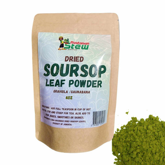 Close-up of organic soursop leaf tea powder, pure leaf tea powder from RastaMan Stew

